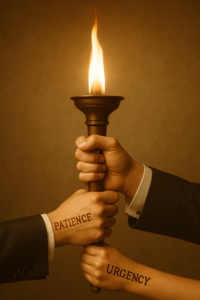 The torch is handled by executives with both a sense of urgency and the patience to wait for the moment