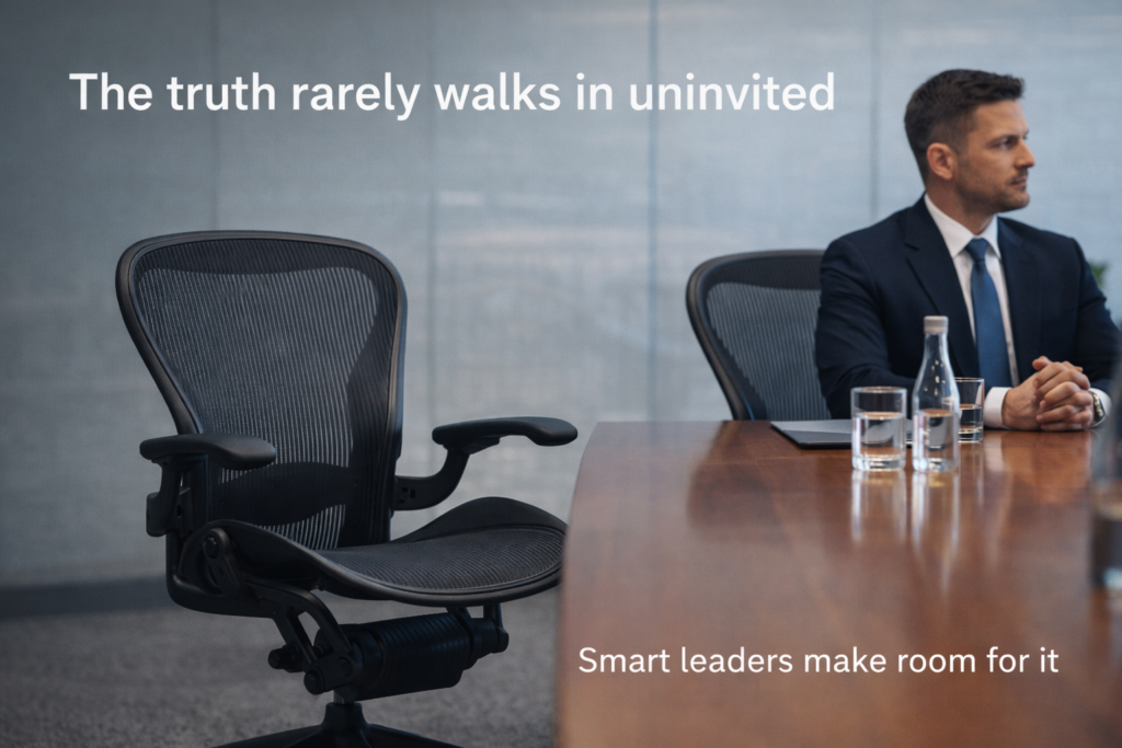 A leader in a boardroom has an empty chair to welcome the truth-teller
